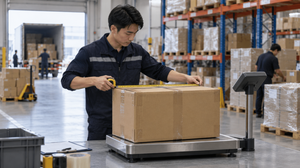 Warehouse worker measuring final parcel dimensions and weight before DDP shipping