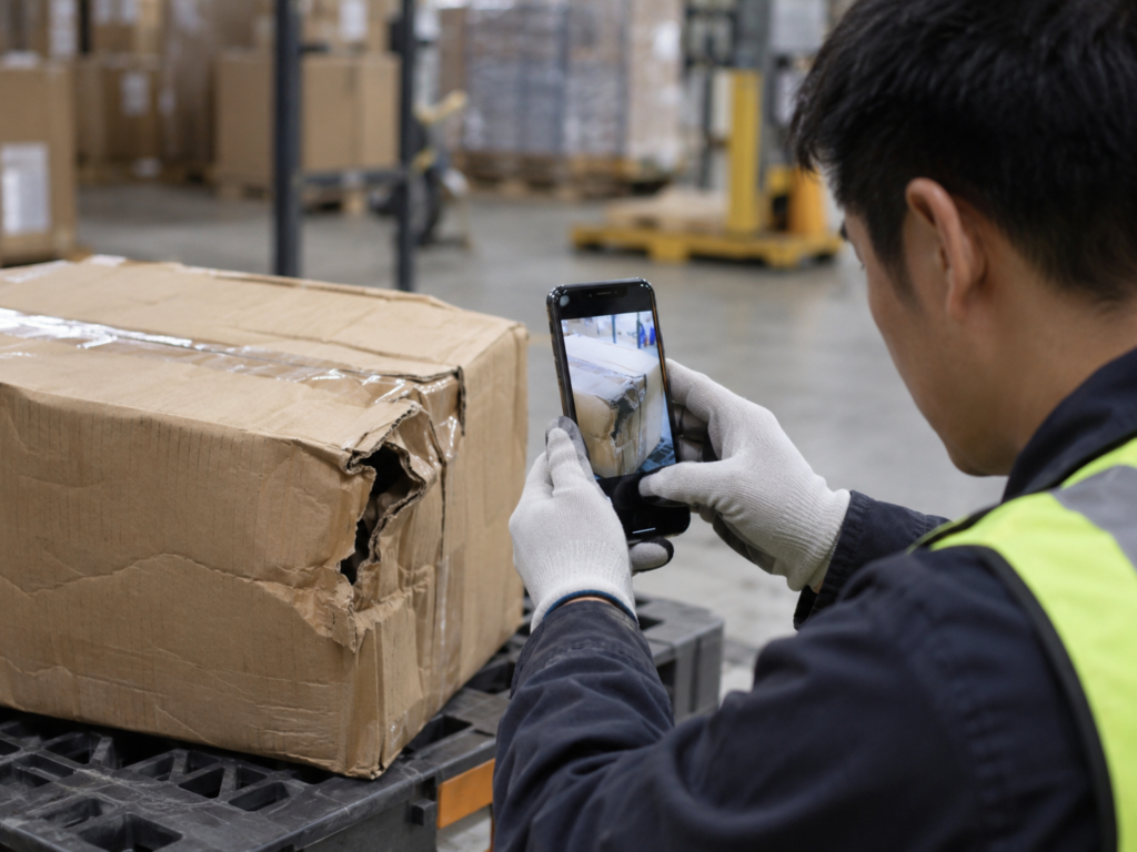 Warehouse worker photographing a damaged parcel as evidence for a shipping claim