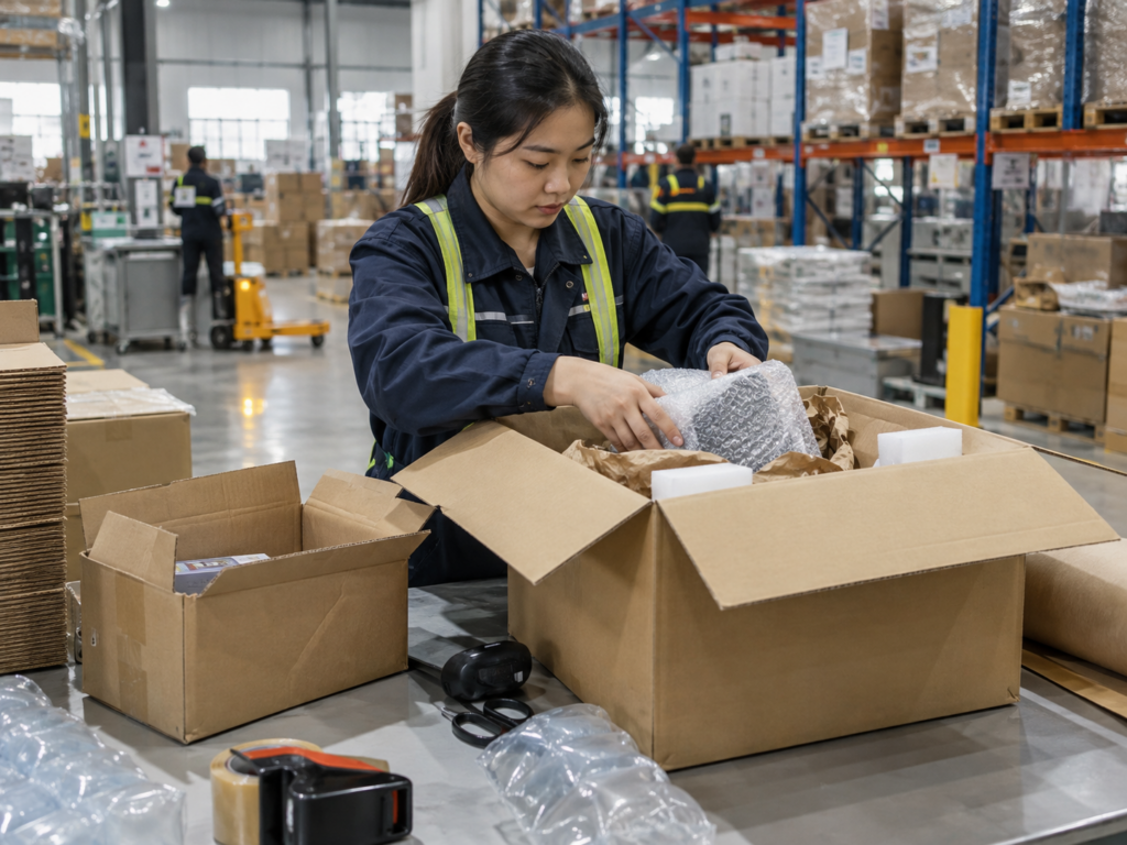 Warehouse worker repacking goods into a stronger export carton with protective materials