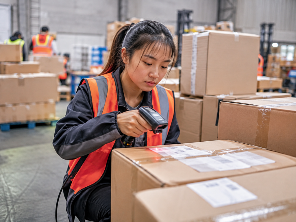 Warehouse worker scanning a domestic tracking number during China warehouse receiving