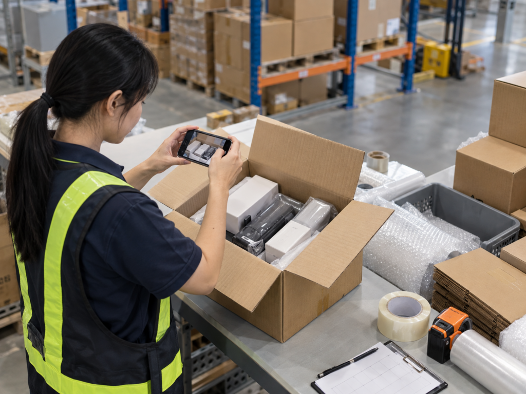 Warehouse worker taking photos of parcel contents before international shipping from China