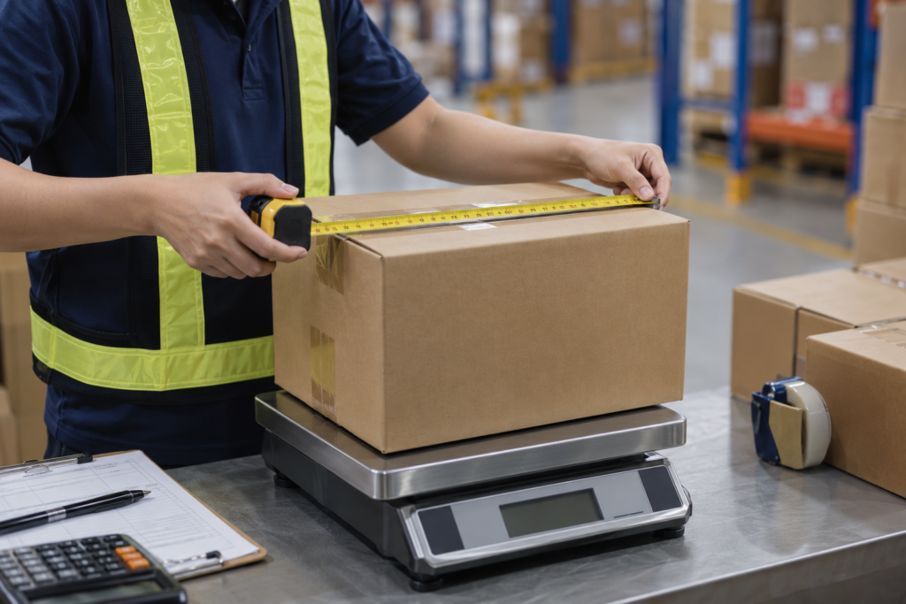 Worker measuring carton dimensions and weight for air freight from China to Germany