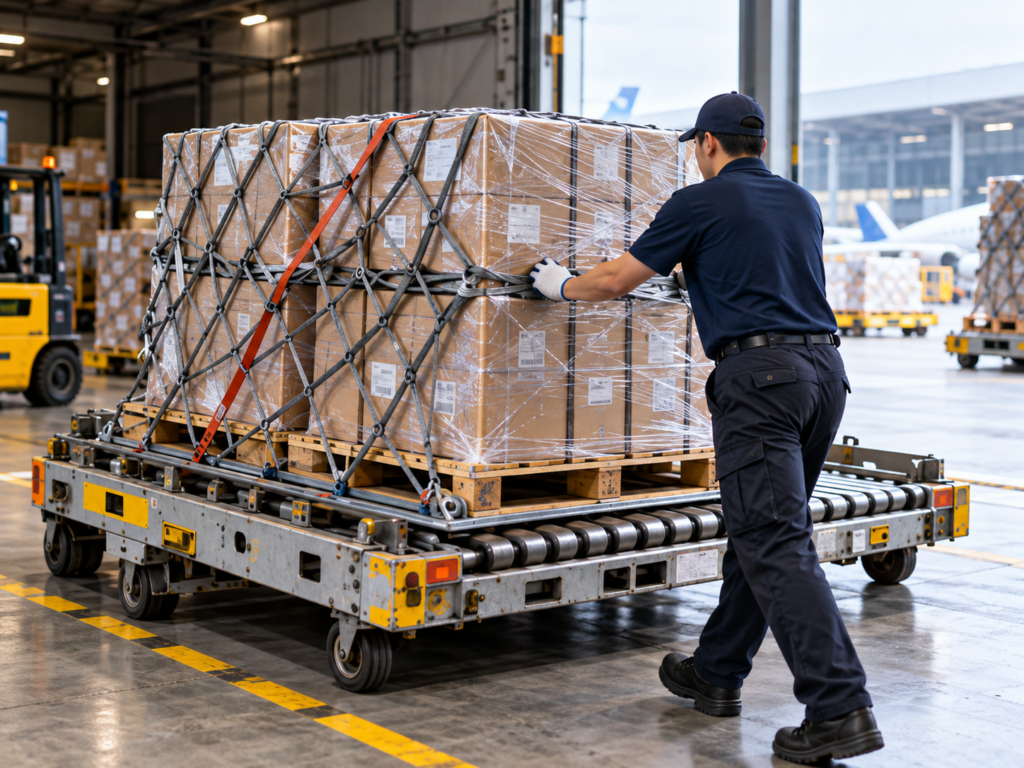 Air freight cargo pallet prepared for urgent spare parts shipment from China