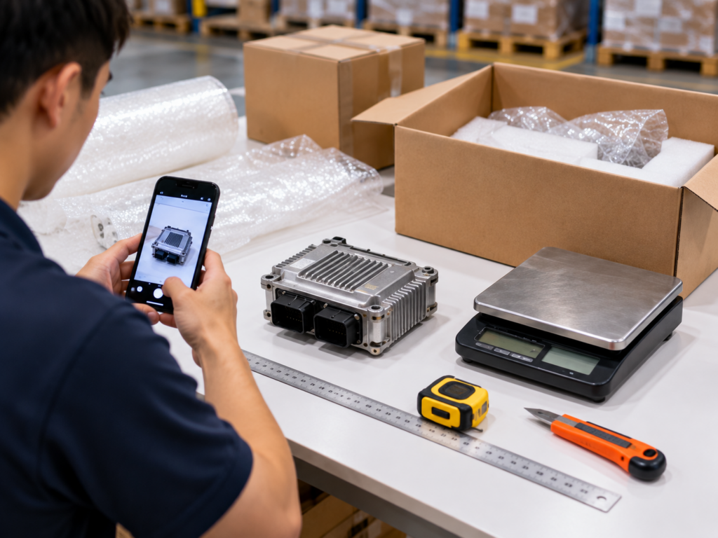 Warehouse worker photographing and measuring an electronic spare part before shipping