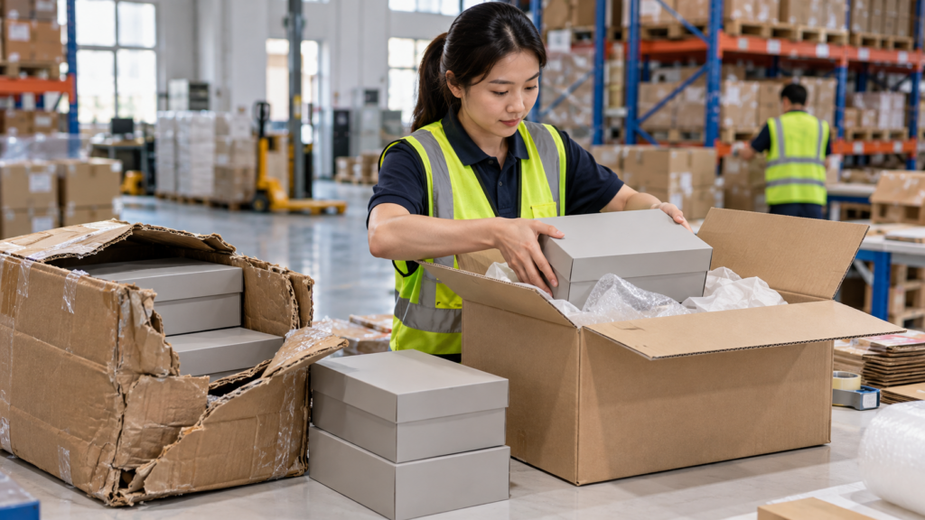 Warehouse worker transferring shoe boxes from a damaged carton into a new shipping box