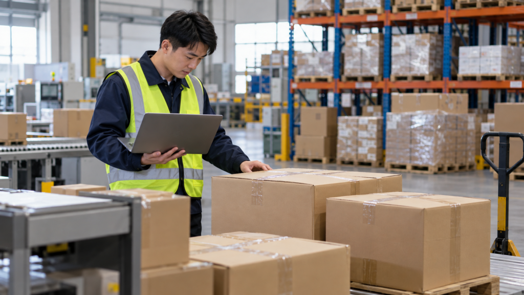 Warehouse worker weighing and measuring a cardboard carton before international air freight dispatch