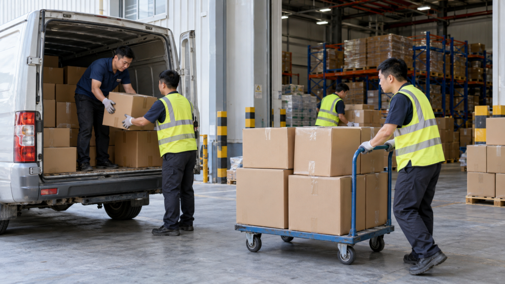 Warehouse workers unloading cartons from a delivery van during a transfer to another China warehouse