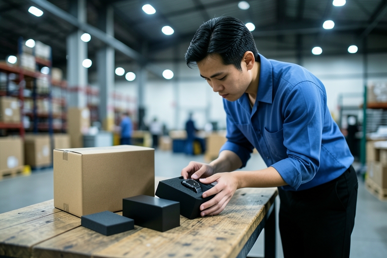 A smartwatch is secured inside protective shipping packaging