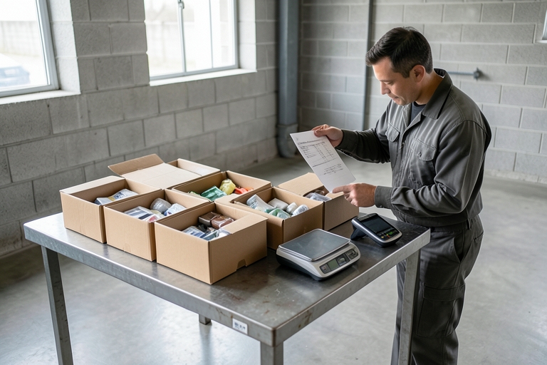Warehouse operator checking carton contents and quantities against a packing list